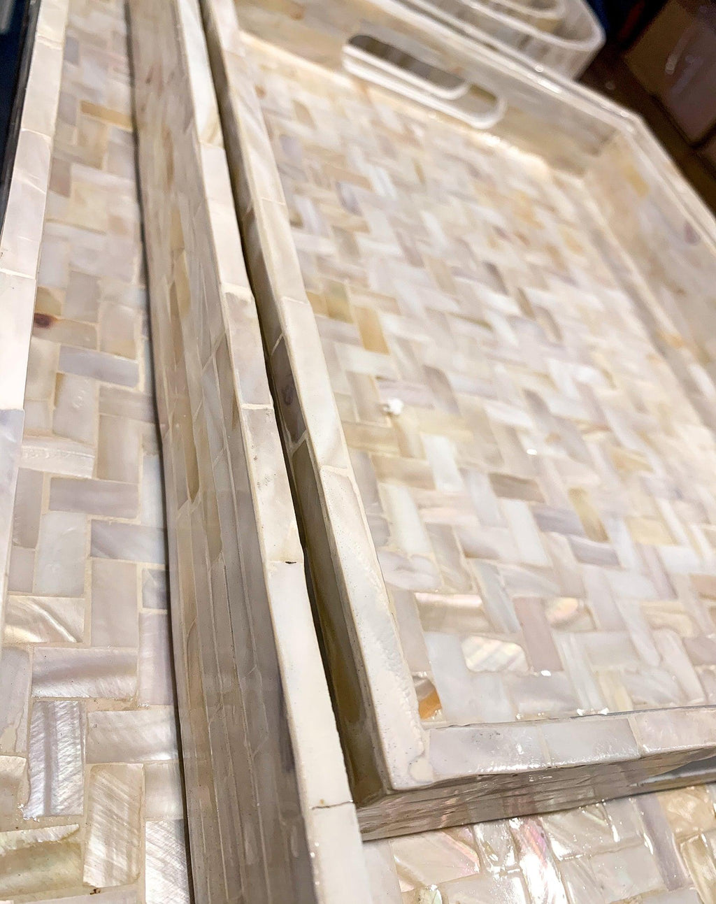 Handlaid Mother Of Pearl Cream Herringbone Tray — Select Your Shape & Size