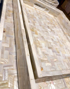 Handlaid Mother Of Pearl Cream Herringbone Tray — Select Your Shape & Size