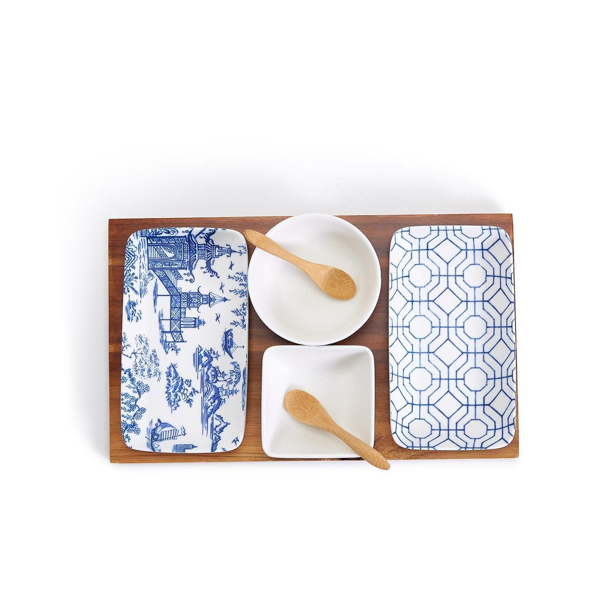 Chinoiserie Porcelain/Acacia Wood/Bamboo Tapas Serving Set