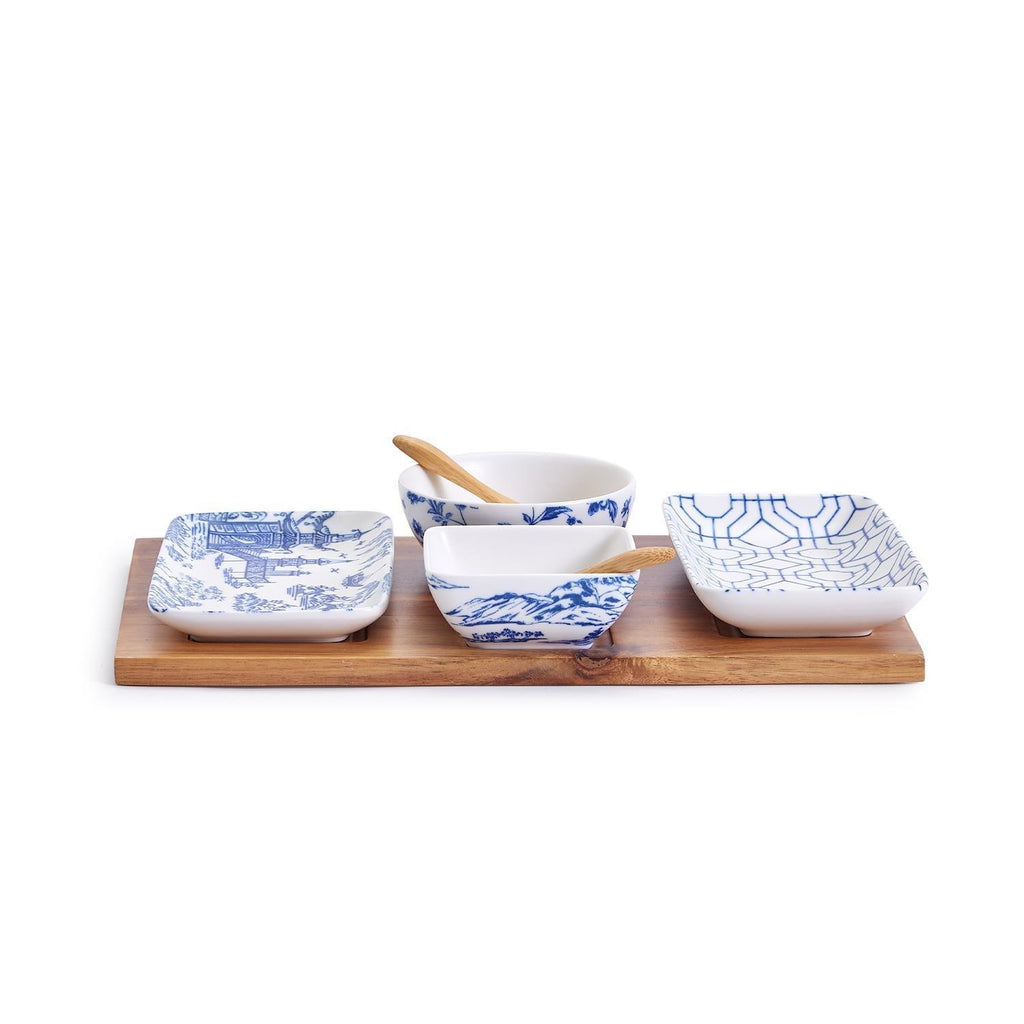 Chinoiserie Porcelain/Acacia Wood/Bamboo Tapas Serving Set