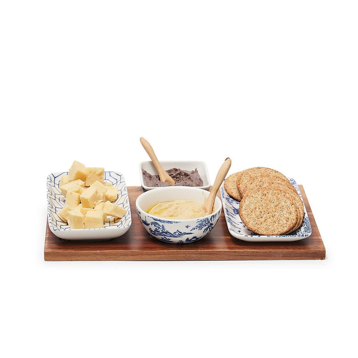 Chinoiserie Porcelain/Acacia Wood/Bamboo Tapas Serving Set