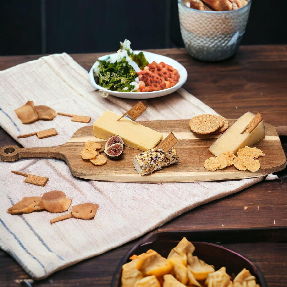 Handmade Acacia Wood Serving Board + Bamboo Cheese Markers