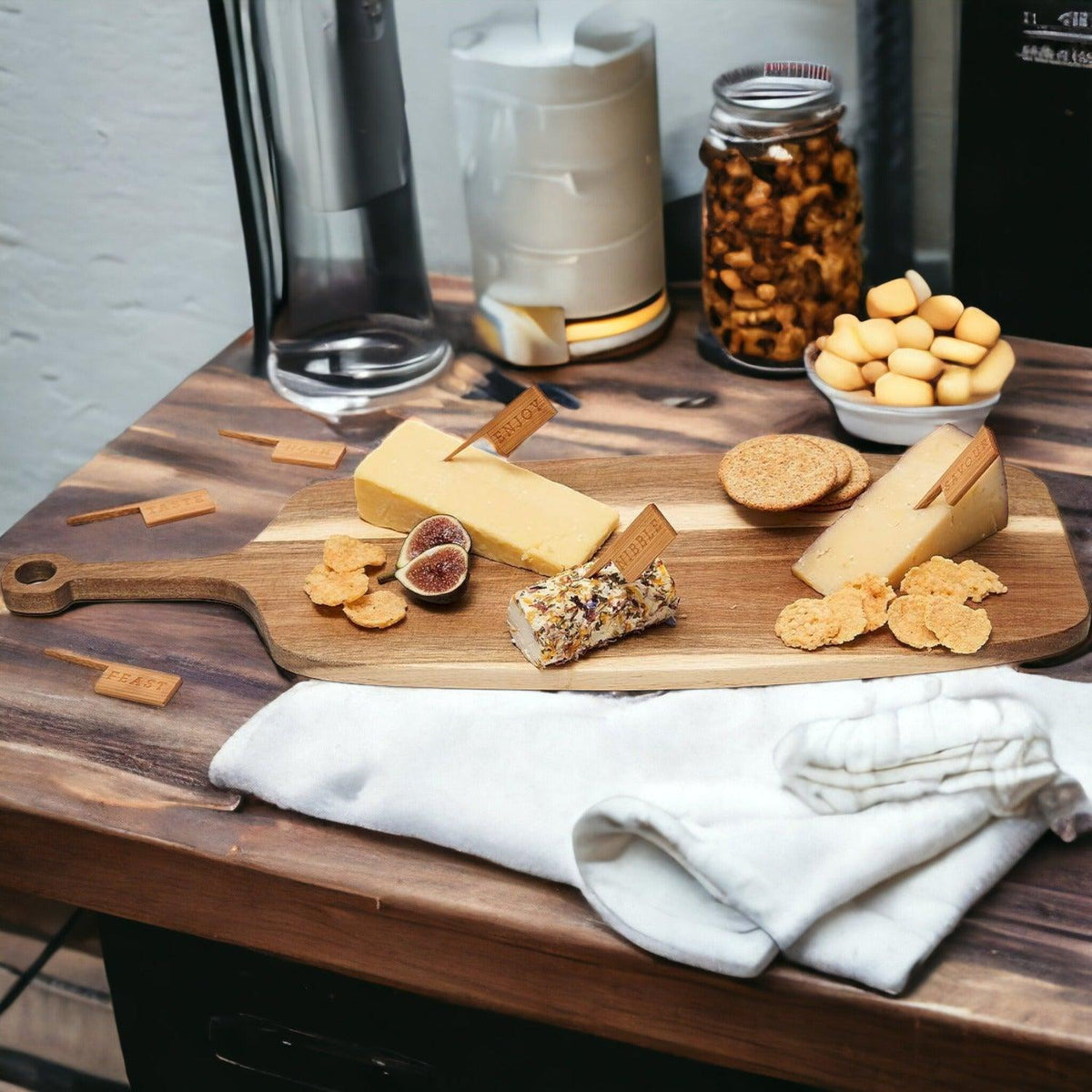 Handmade Acacia Wood Serving Board + Bamboo Cheese Markers