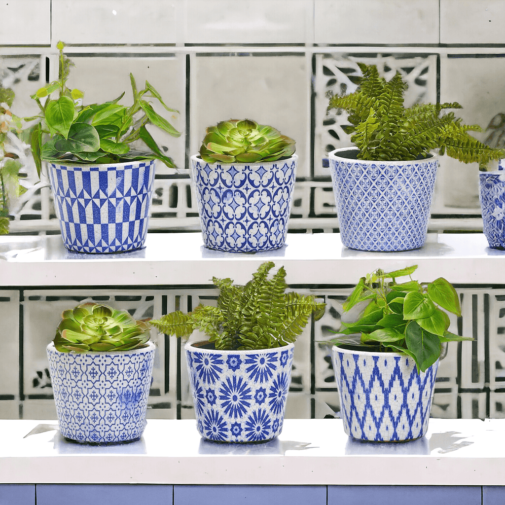 Handmade Rustic Blue & White Patterned Terracotta Pot with Crackle Finish — Select Your Design