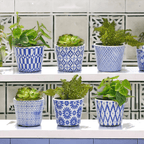 Handmade Rustic Blue & White Patterned Terracotta Pot with Crackle Finish — Select Your Design