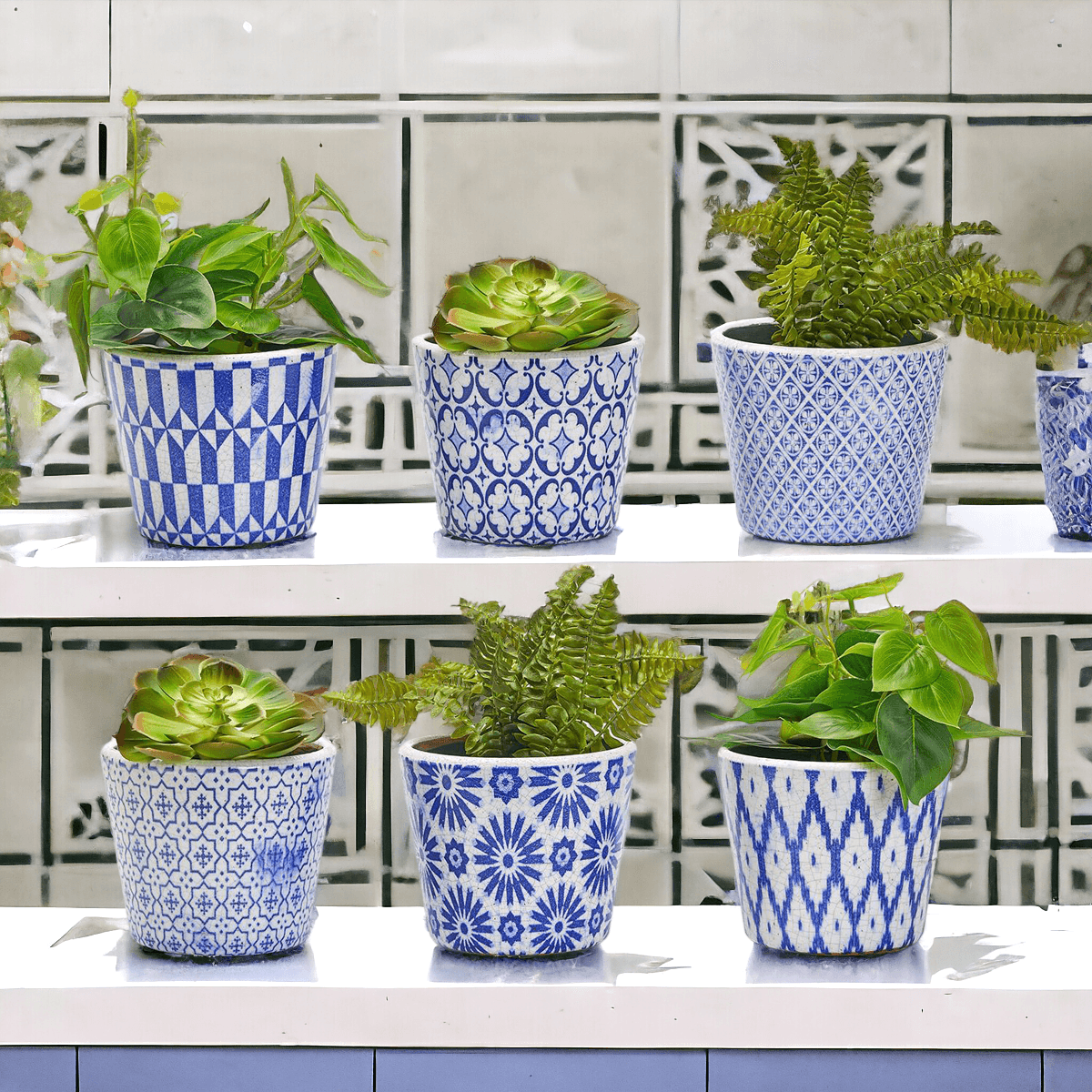 Handmade Rustic Blue & White Patterned Terracotta Pot with Crackle Finish — Select Your Design