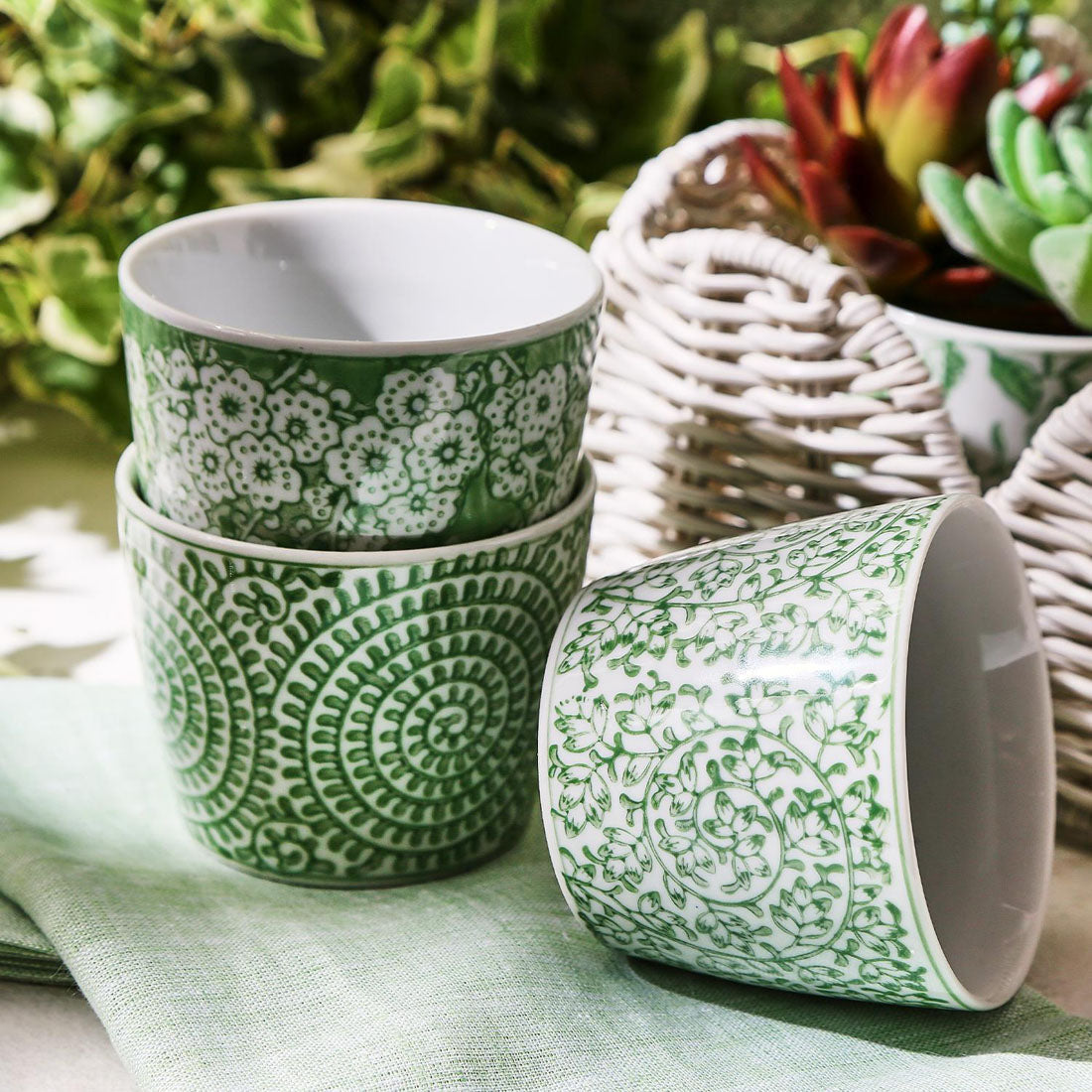 Hand-Painted Porcelain Mini Green Cachepots— Select Your Design
