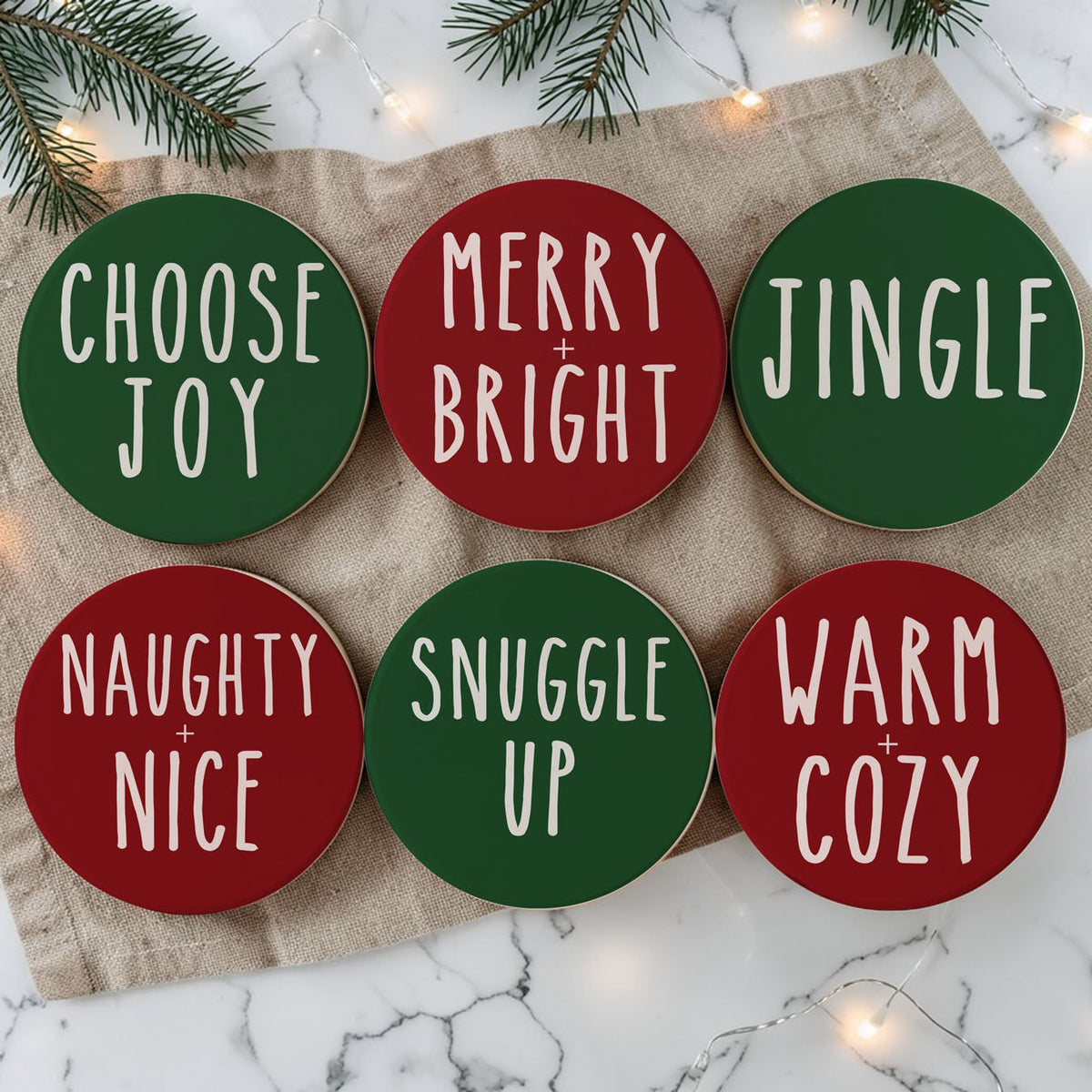 Minimalist Christmas Premium Ceramic Coasters with Cork Back — Select Your Pack & Color