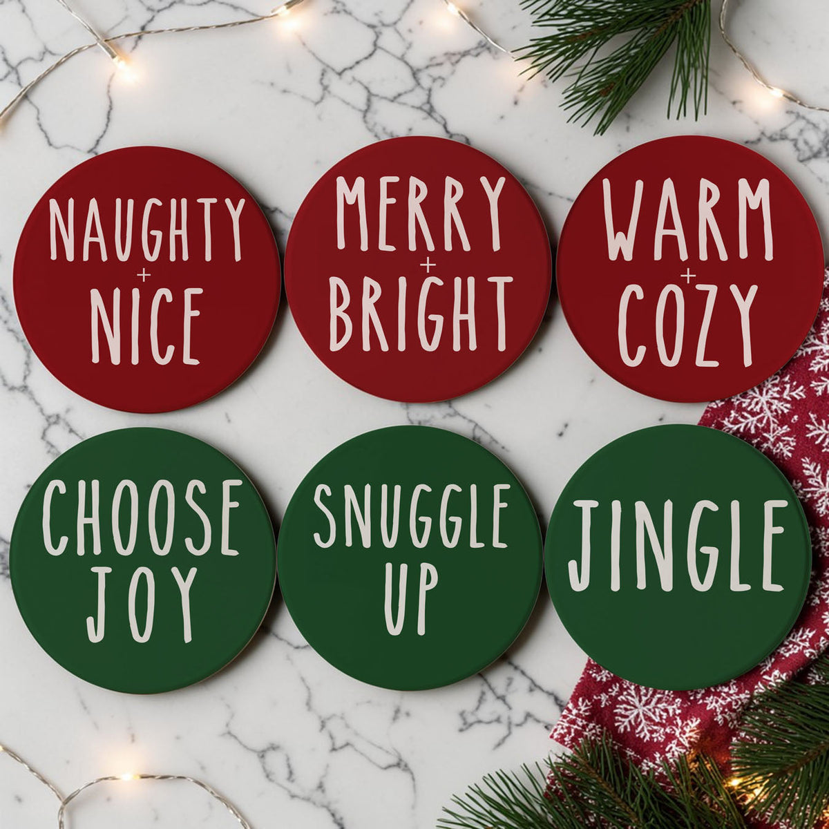 Minimalist Christmas Premium Ceramic Coasters with Cork Back — Select Your Pack & Color