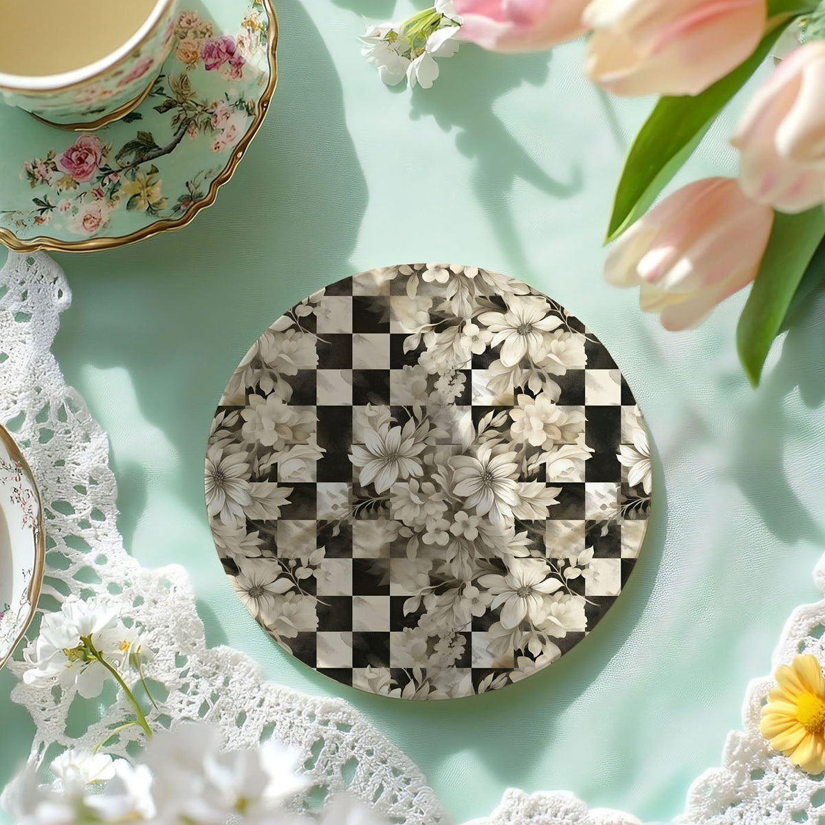Courtly Check Ceramic Coasters — Select Your Pack & Style