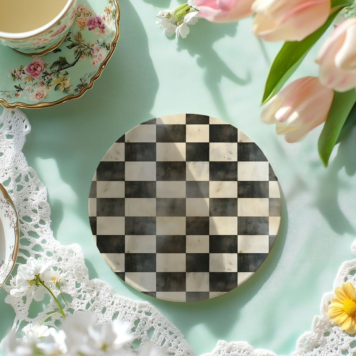 Courtly Check Ceramic Coasters — Select Your Pack & Style