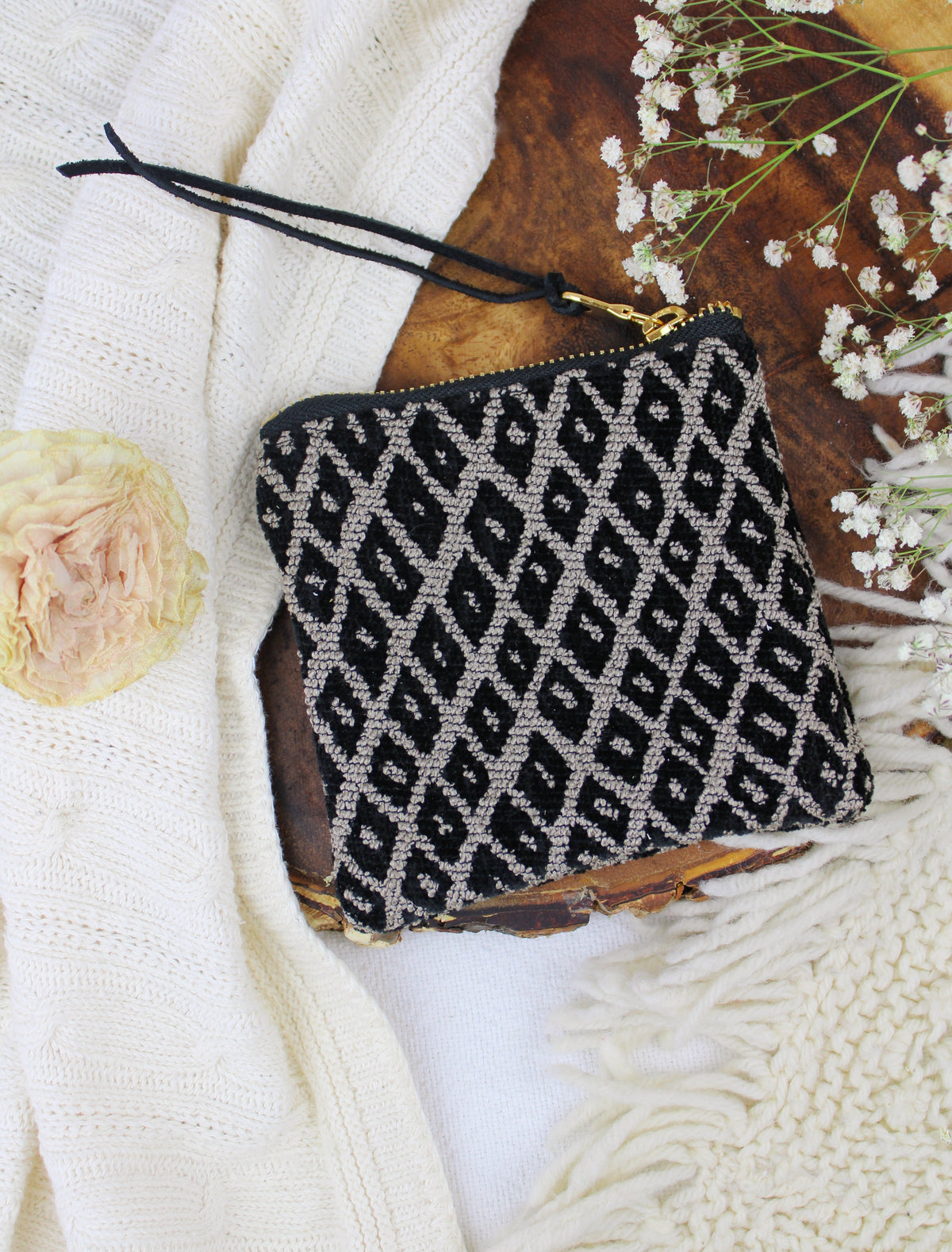 Black Diamond Needlepoint Square Pouch — Select Your Color