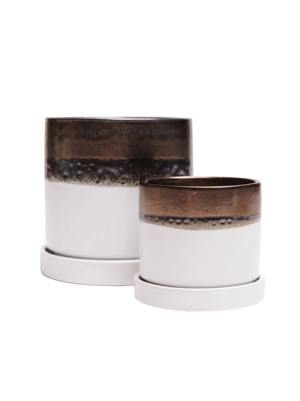 Bronze White Ceramic Plant Pot and Saucer — Select Your Size