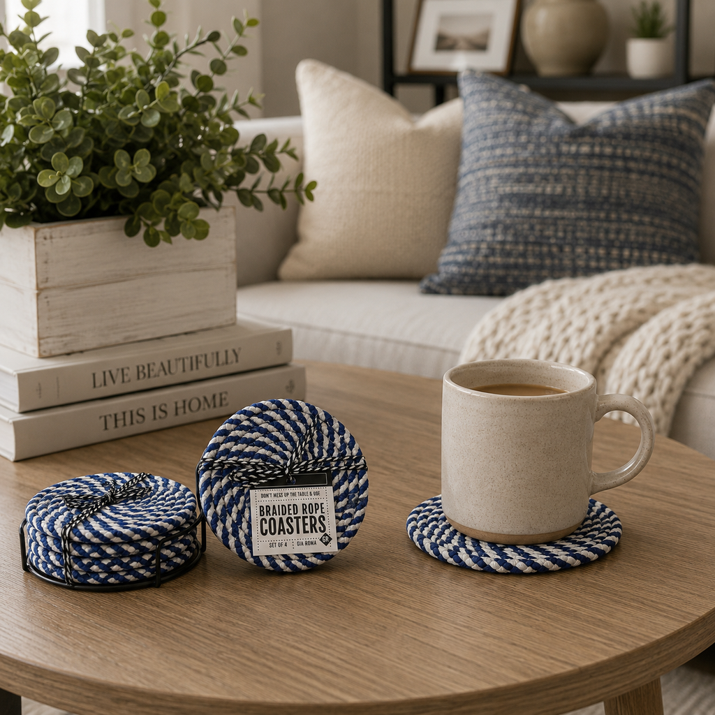 Blue & White Braided Rope Coasters (Set of 4)