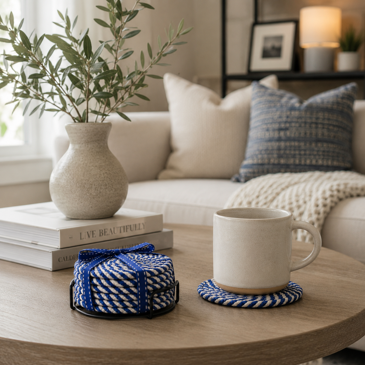 Blue & White Braided Rope Coasters (Set of 4)