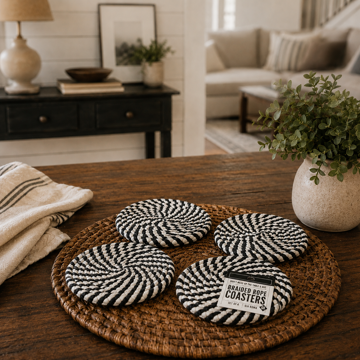 Black & White Braided Rope Coasters (Set of 4)