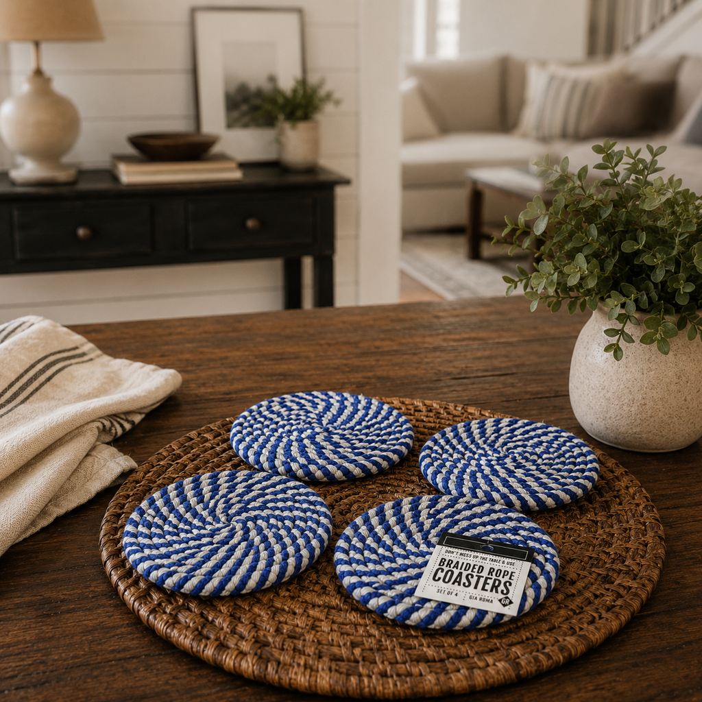 Blue & White Braided Rope Coasters (Set of 4)