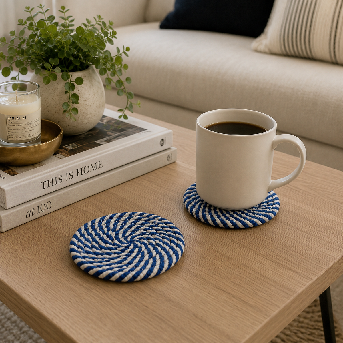 Blue & White Braided Rope Coasters (Set of 4)