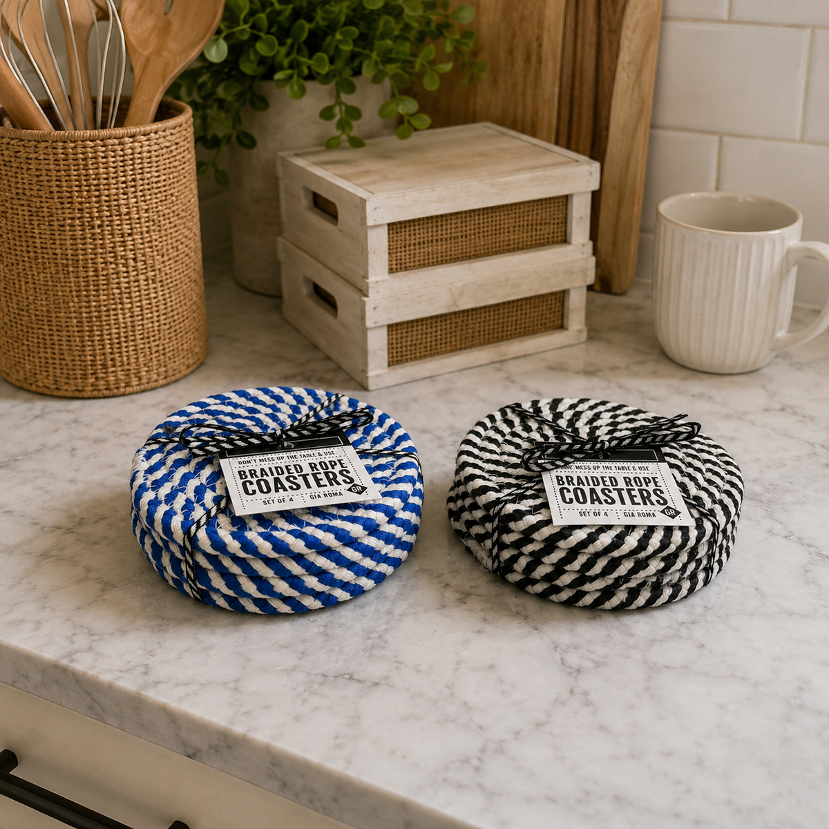 Blue & White Braided Rope Coasters (Set of 4)