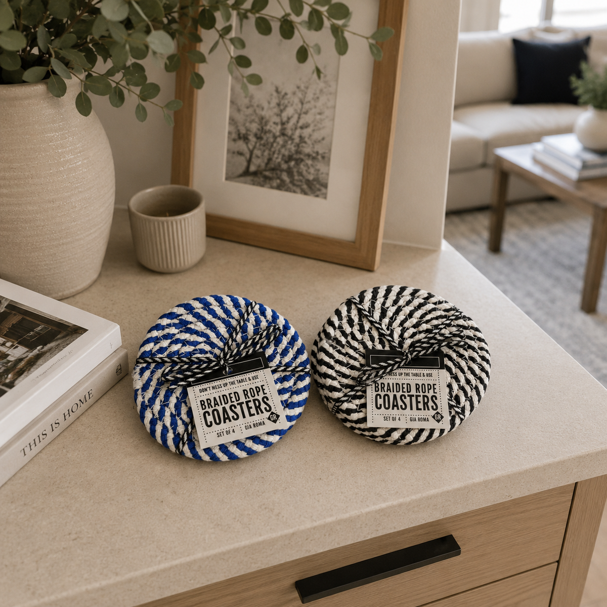 Blue & White Braided Rope Coasters (Set of 4)