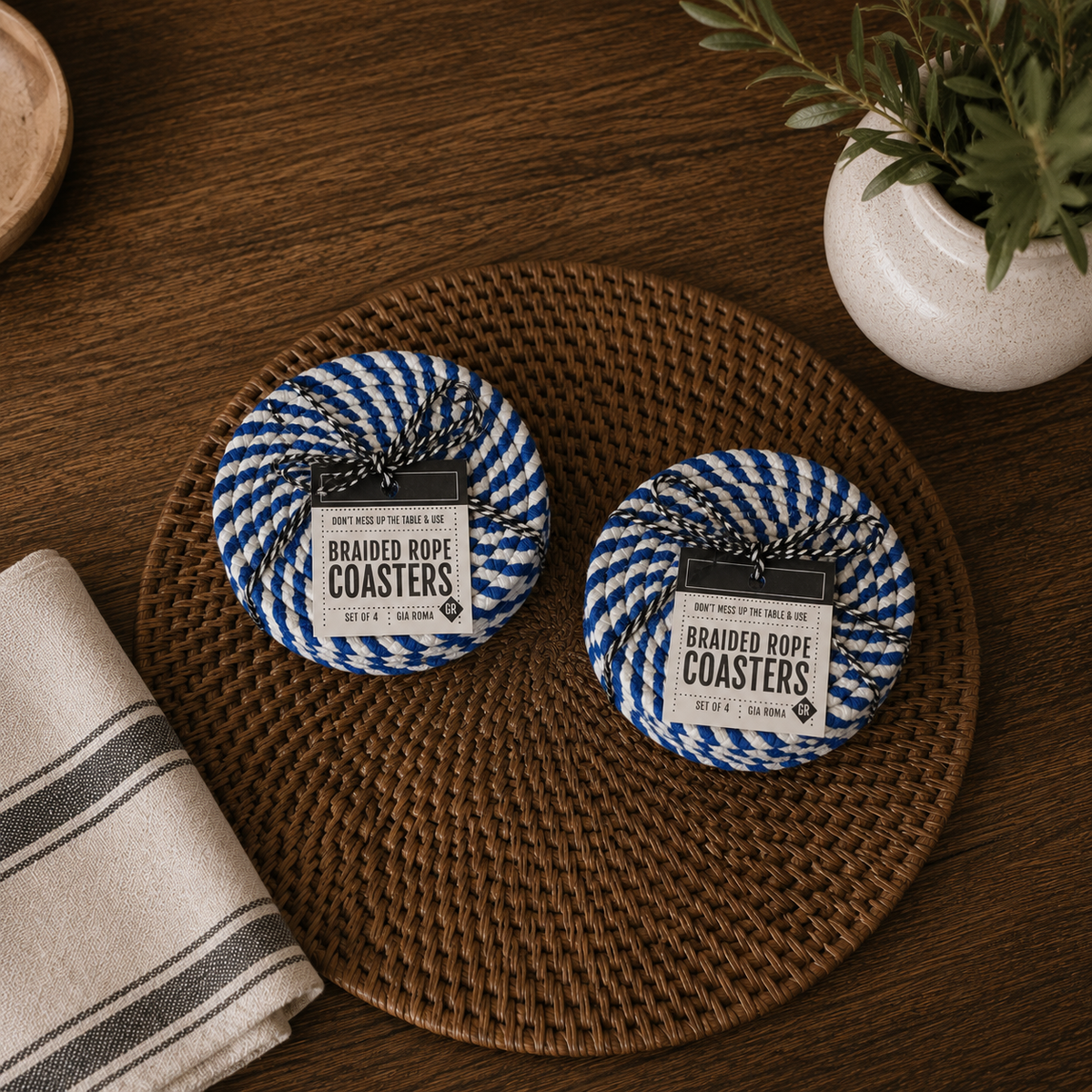 Blue & White Braided Rope Coasters (Set of 4)