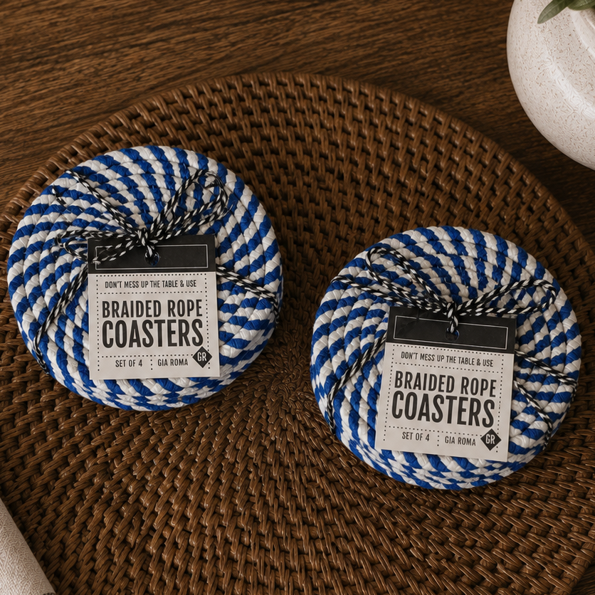 Blue & White Braided Rope Coasters (Set of 4)