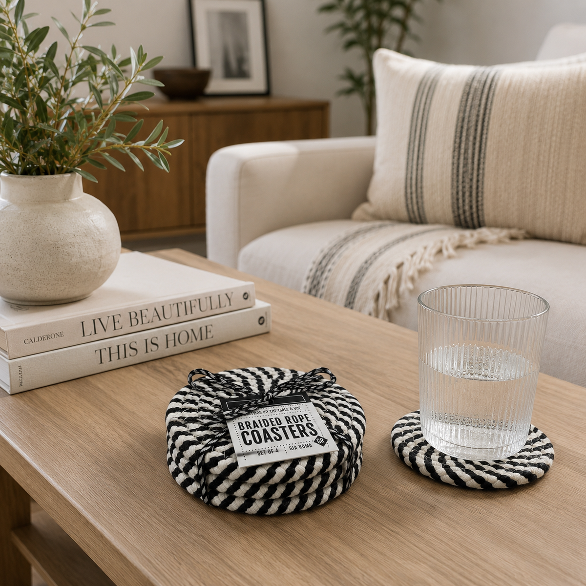 Black & White Braided Rope Coasters (Set of 4)