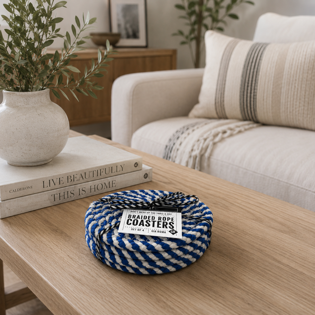 Blue & White Braided Rope Coasters (Set of 4)