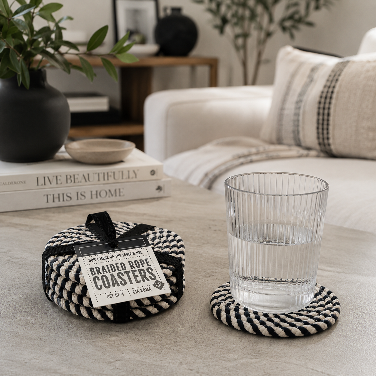 Black & White Braided Rope Coasters (Set of 4)