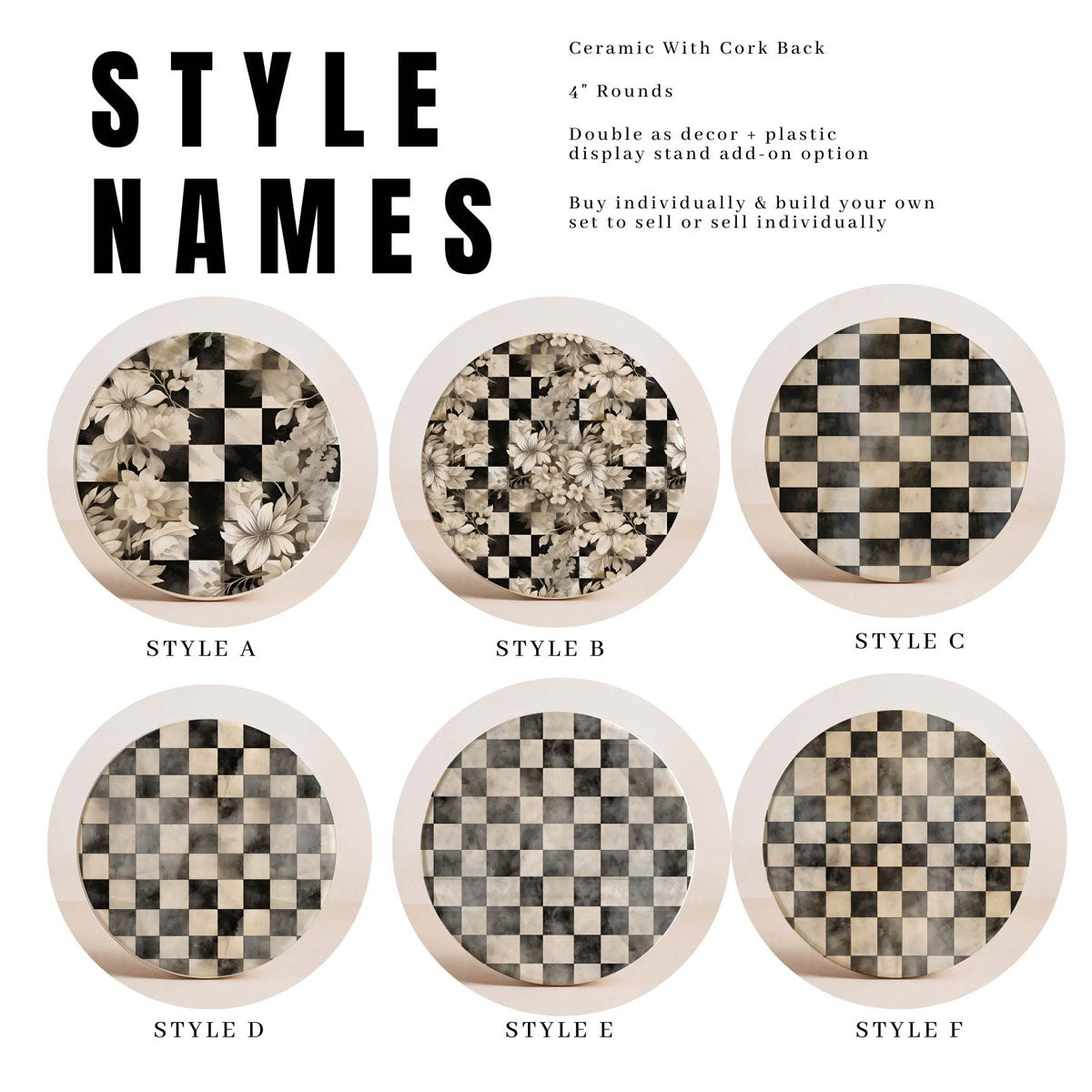 Courtly Check Ceramic Coasters — Select Your Pack & Style
