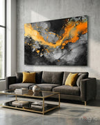 Orange Ink Wave Gray Marble Glass Wall Art