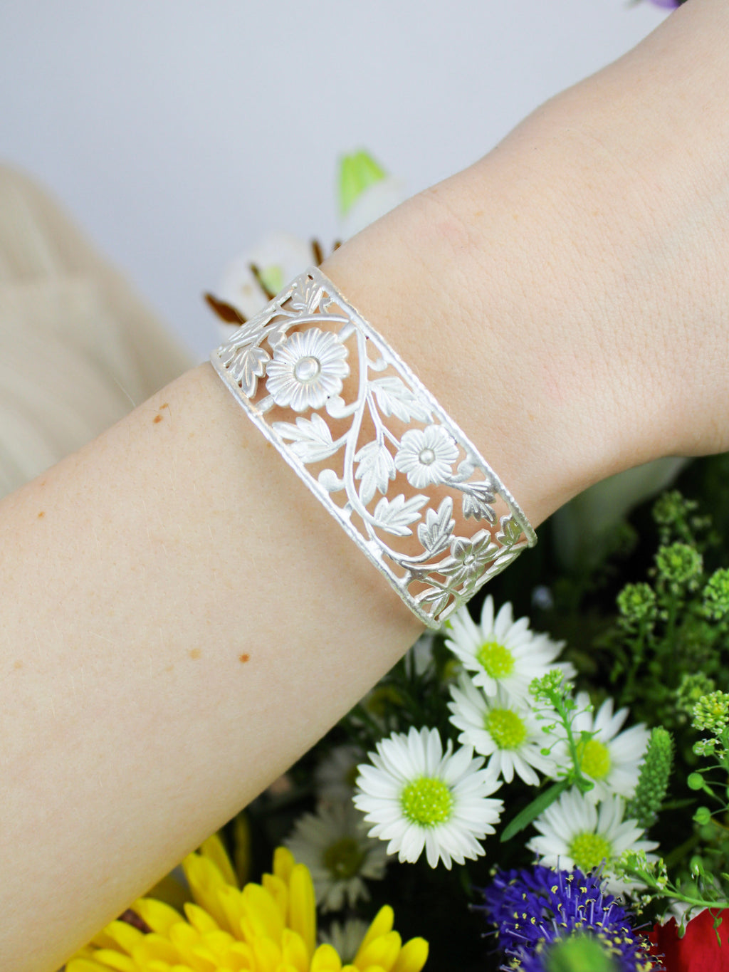 Floral Filigree Cuff Bracelet — Select Your Color