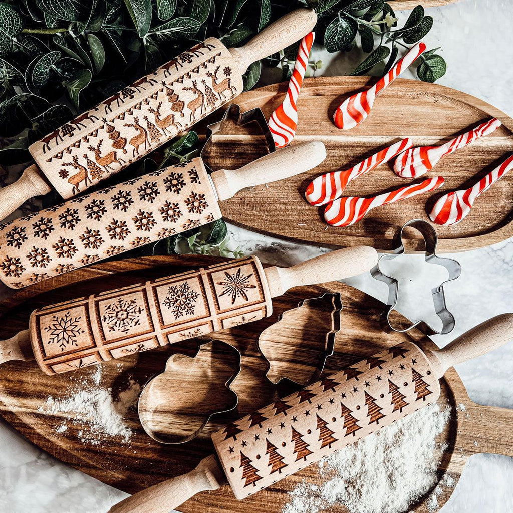 Handmade Wooden Embossed Christmas Rolling Pin Set — Select Your Style & Size