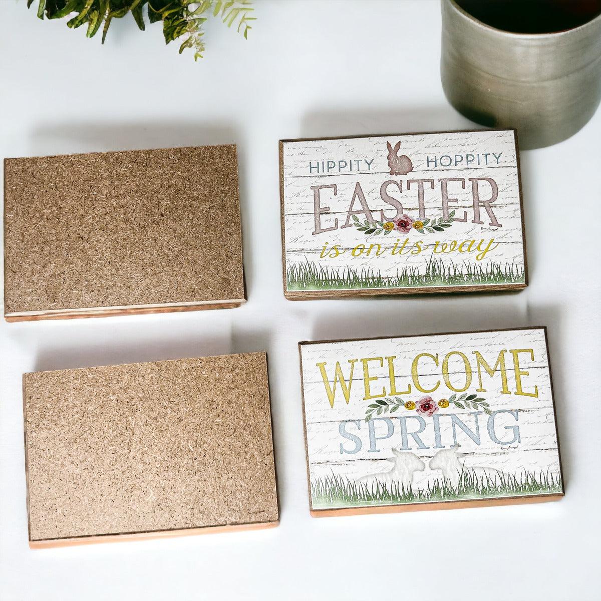 Wooden "Hippy Hoppity Easter.." or "Welcome Spring" Block Sign — Select Your Style