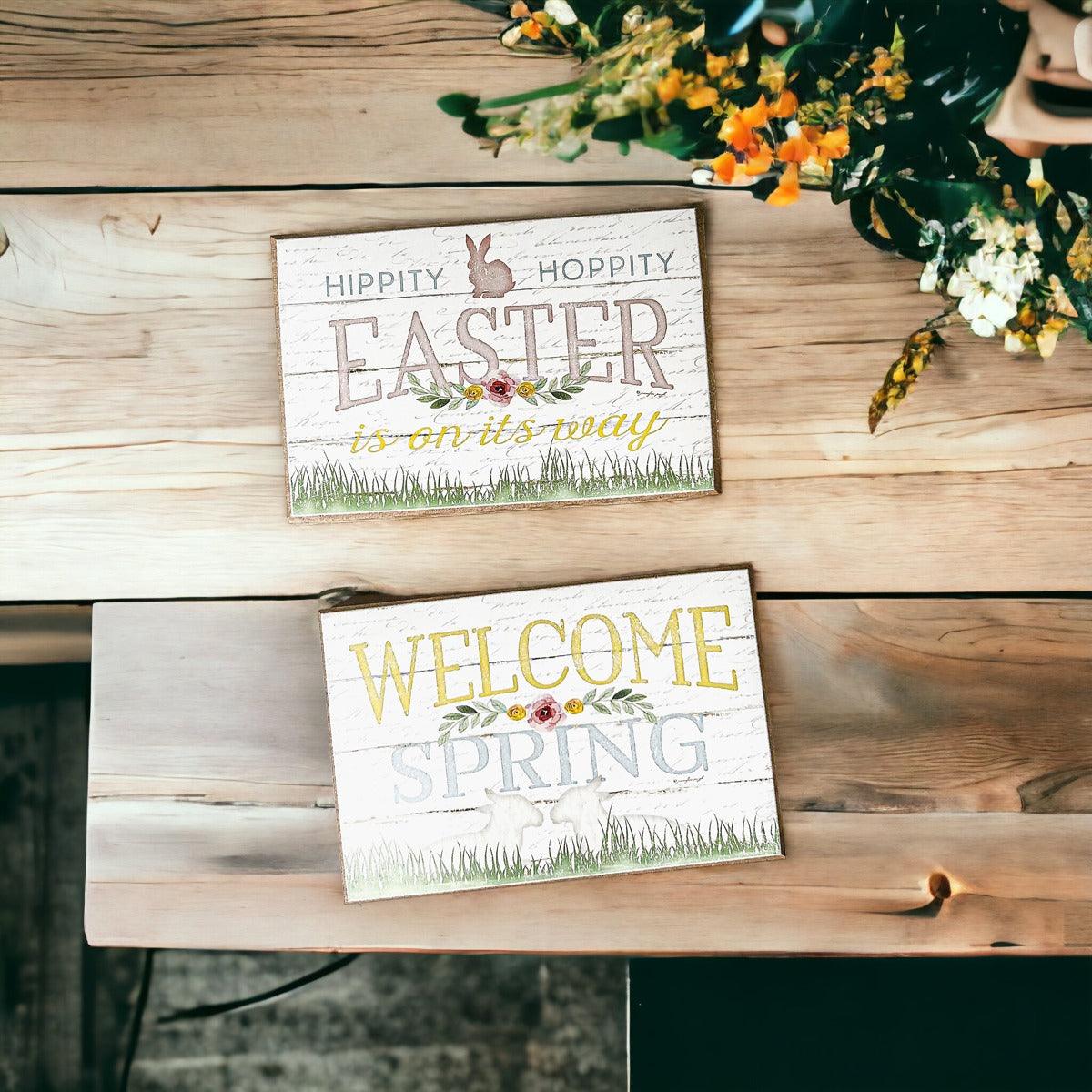 Wooden "Hippy Hoppity Easter.." or "Welcome Spring" Block Sign — Select Your Style