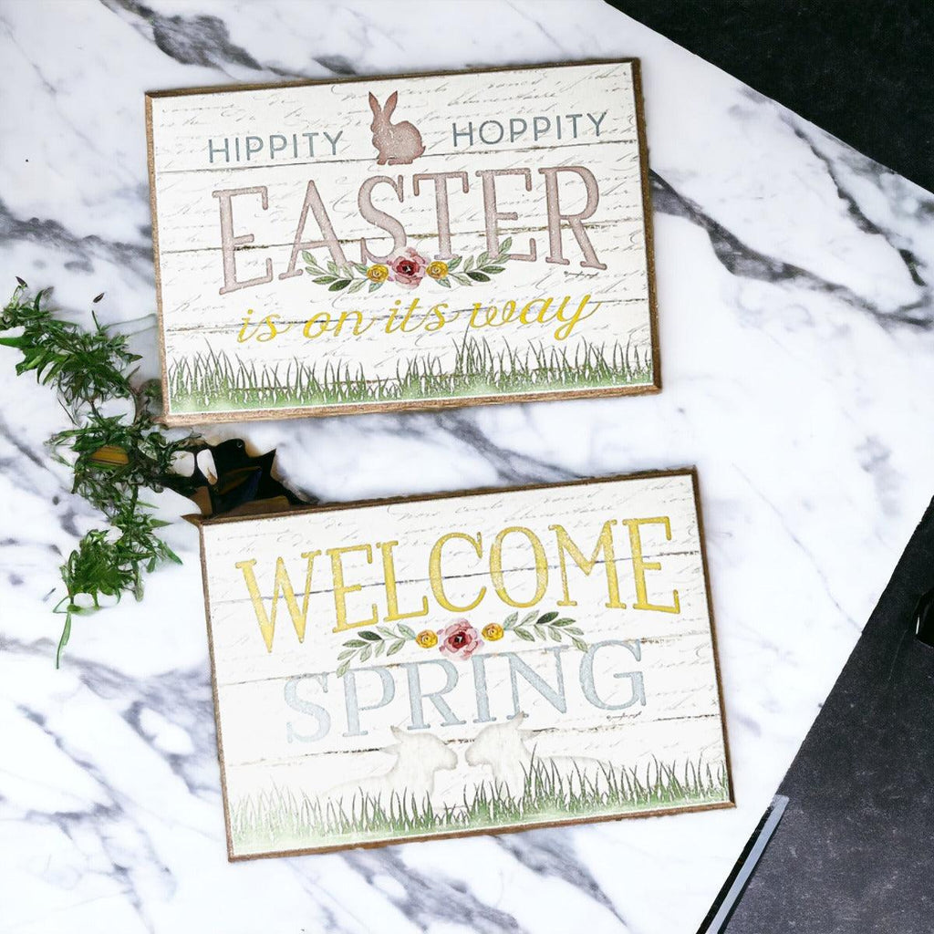 Wooden "Hippy Hoppity Easter.." or "Welcome Spring" Block Sign — Select Your Style