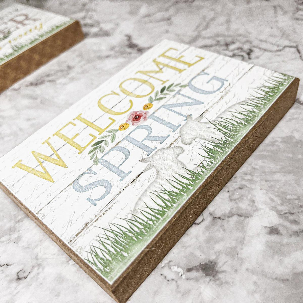 Wooden "Hippy Hoppity Easter.." or "Welcome Spring" Block Sign — Select Your Style