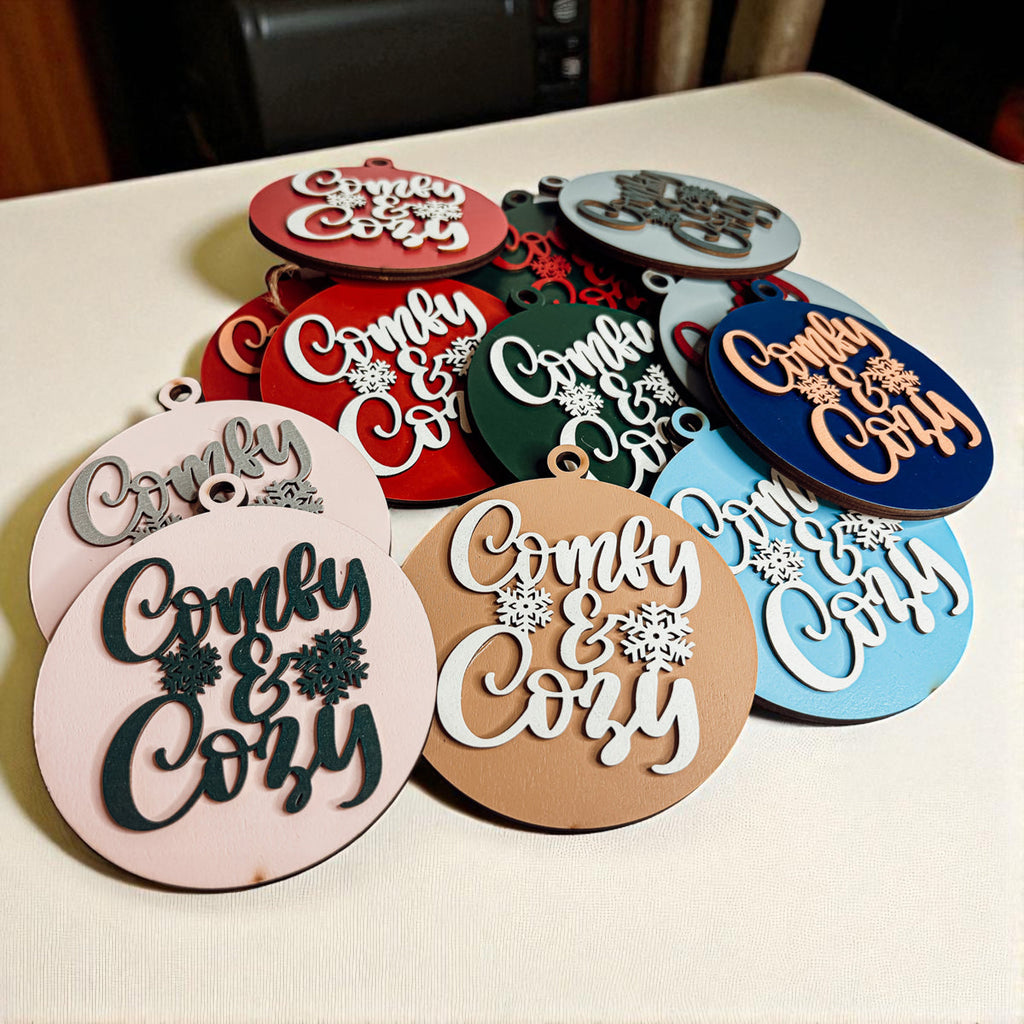 Wooden "Comfy & Cozy" Christmas Ornament — Select Your Color