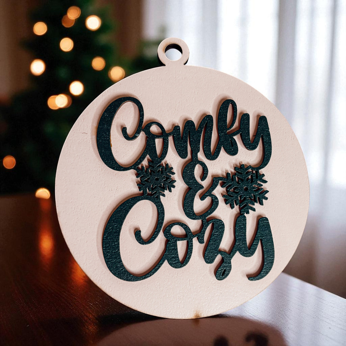 Wooden "Comfy & Cozy" Christmas Ornament — Select Your Color