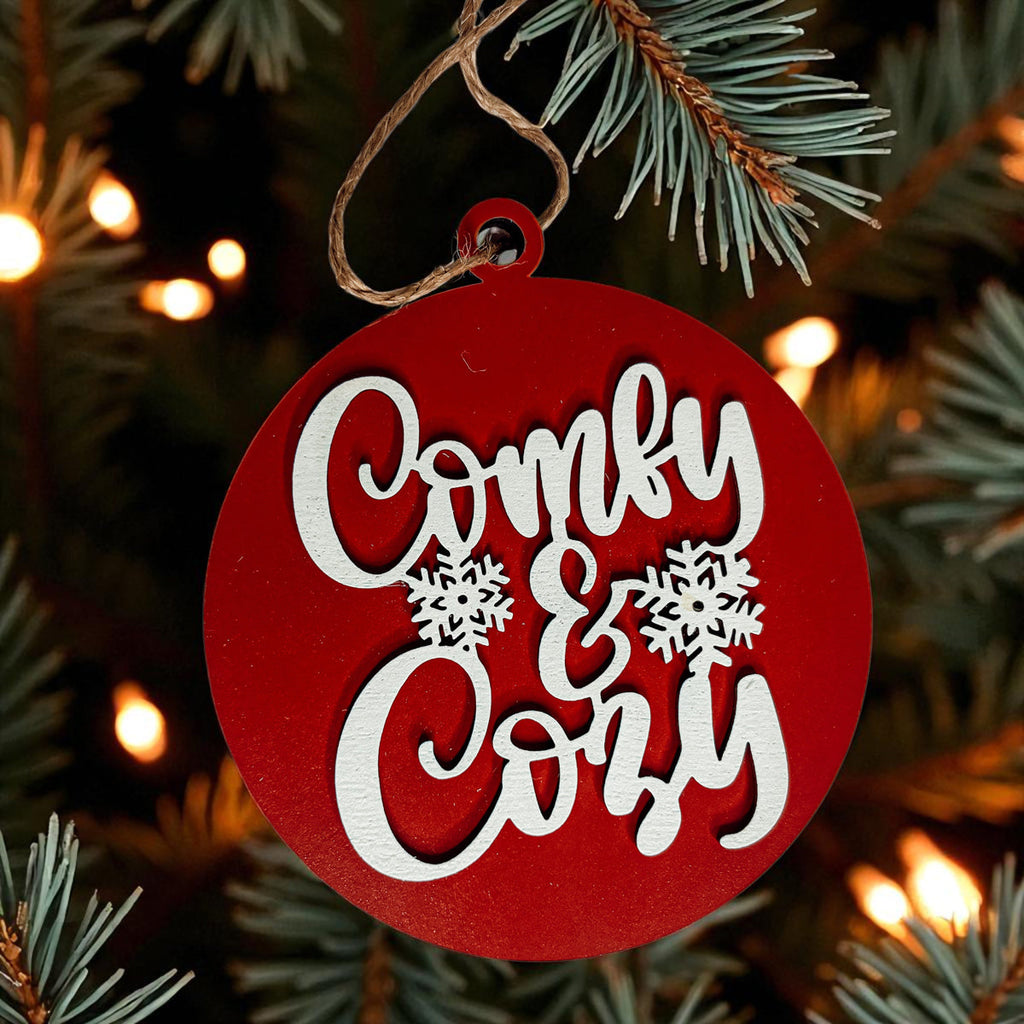 Wooden "Comfy & Cozy" Christmas Ornament — Select Your Color