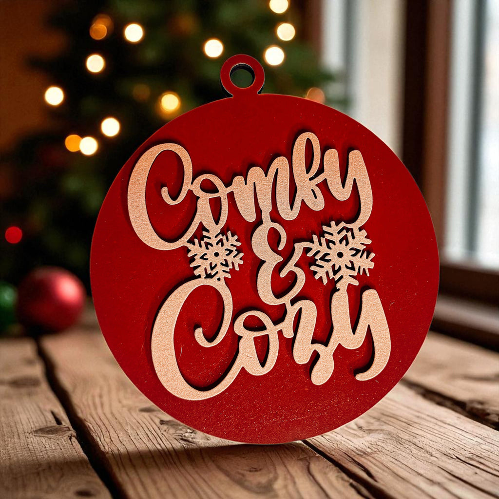 Wooden "Comfy & Cozy" Christmas Ornament — Select Your Color