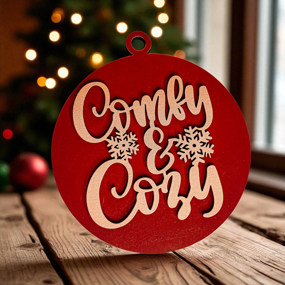 Wooden "Comfy & Cozy" Christmas Ornament — Select Your Color