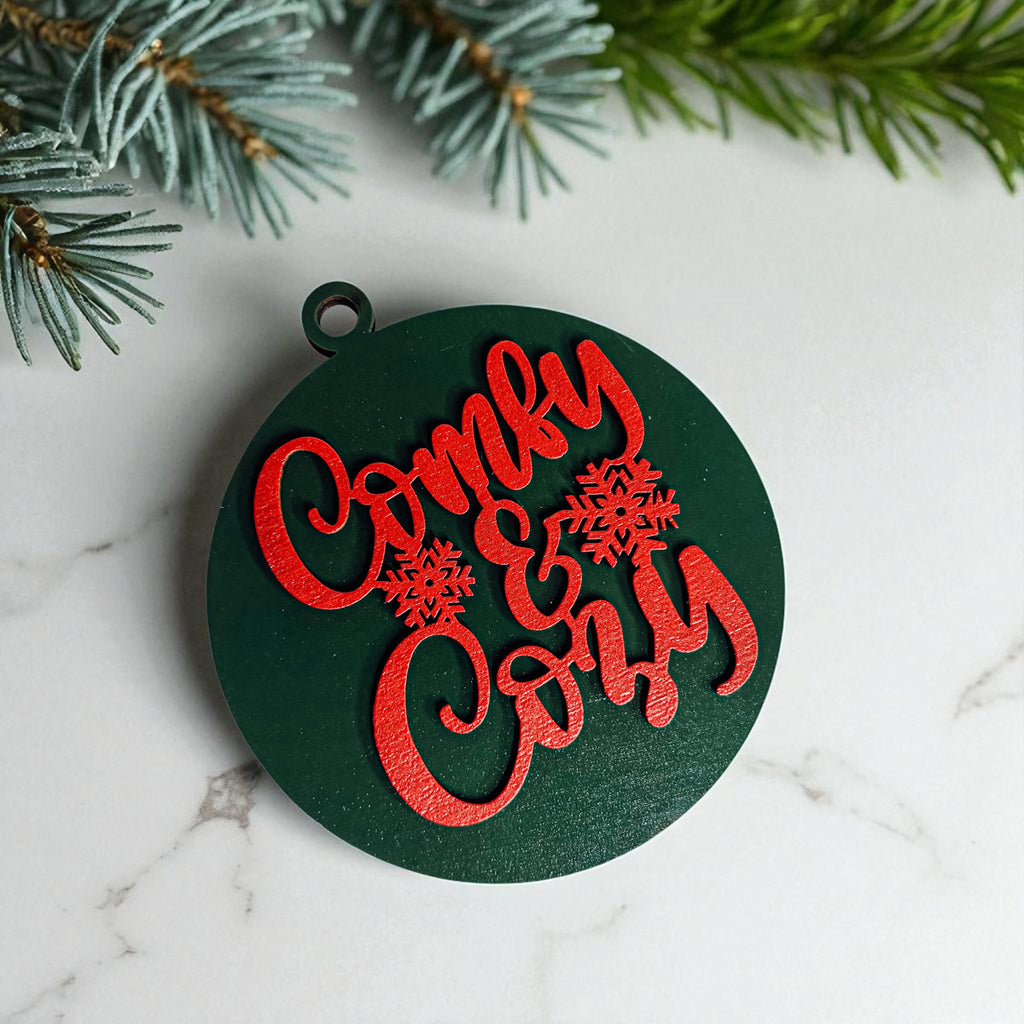 Wooden "Comfy & Cozy" Christmas Ornament — Select Your Color