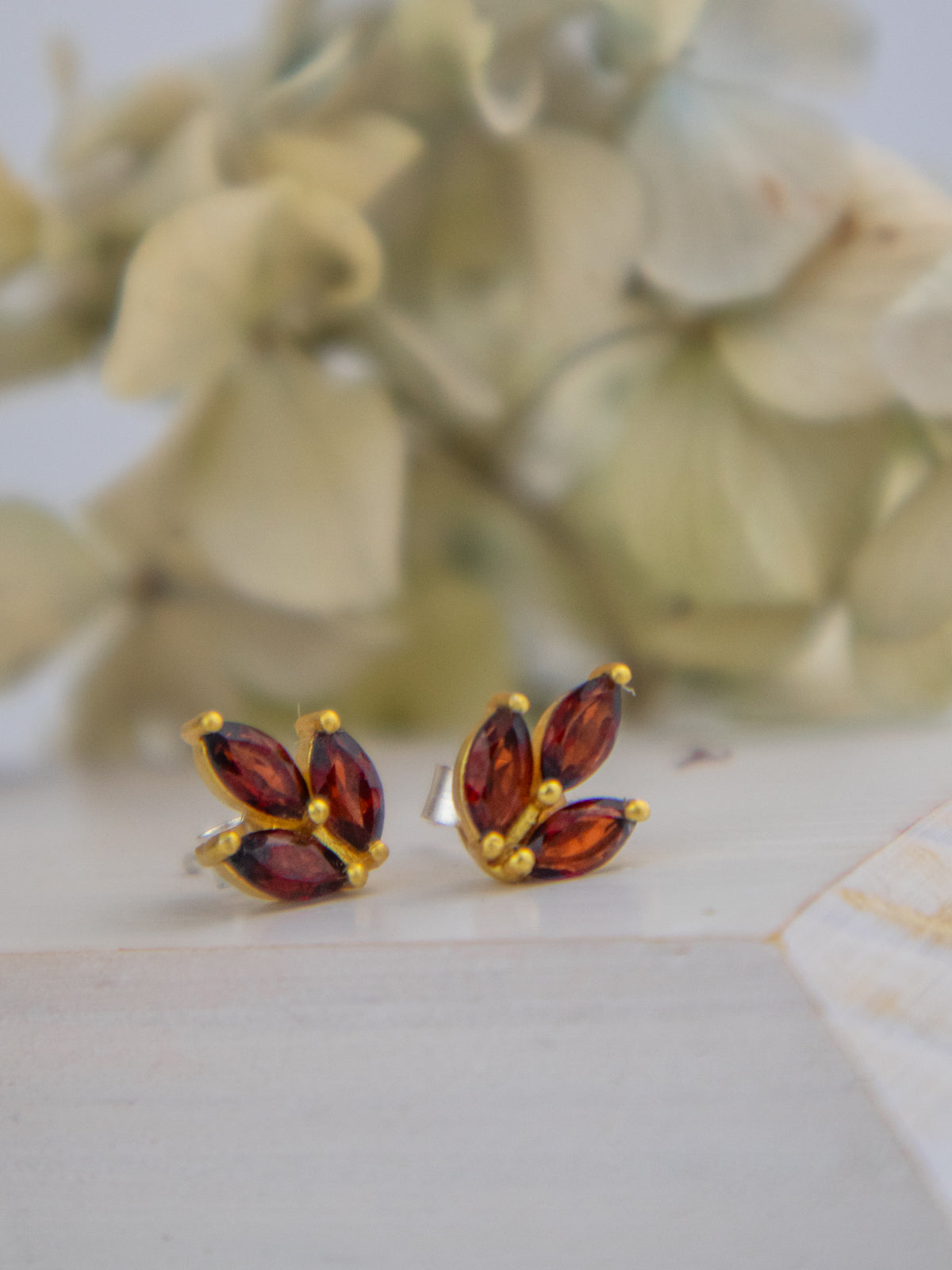 Tri Leaf Stud Earrings — Select Your Gemstone