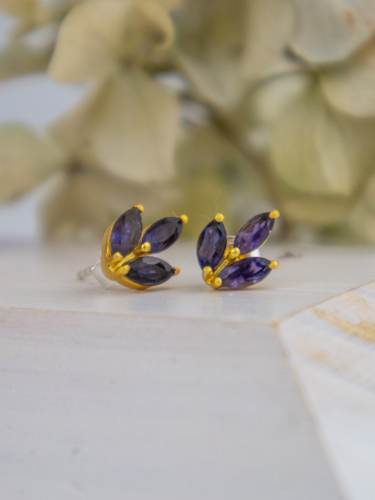 Tri Leaf Stud Earrings — Select Your Gemstone