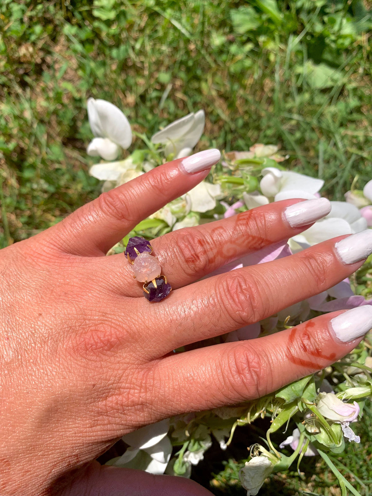 Amethyst/Rose Quartz Cluster Ring - Rose Gold - Size 7