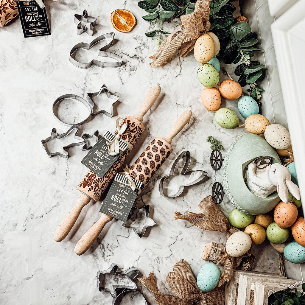 Easter + Spring Wooden Embossed Rolling Pin & Cookie Cutter Set  — Select Your Style & Size