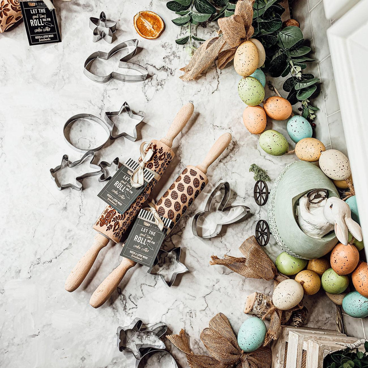 Easter + Spring Wooden Embossed Rolling Pin & Cookie Cutter Set  — Select Your Style & Size
