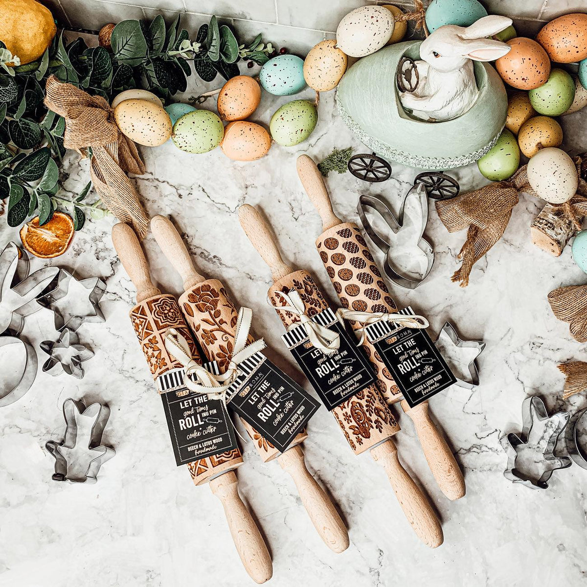 Easter + Spring Wooden Embossed Rolling Pin & Cookie Cutter Set  — Select Your Style & Size