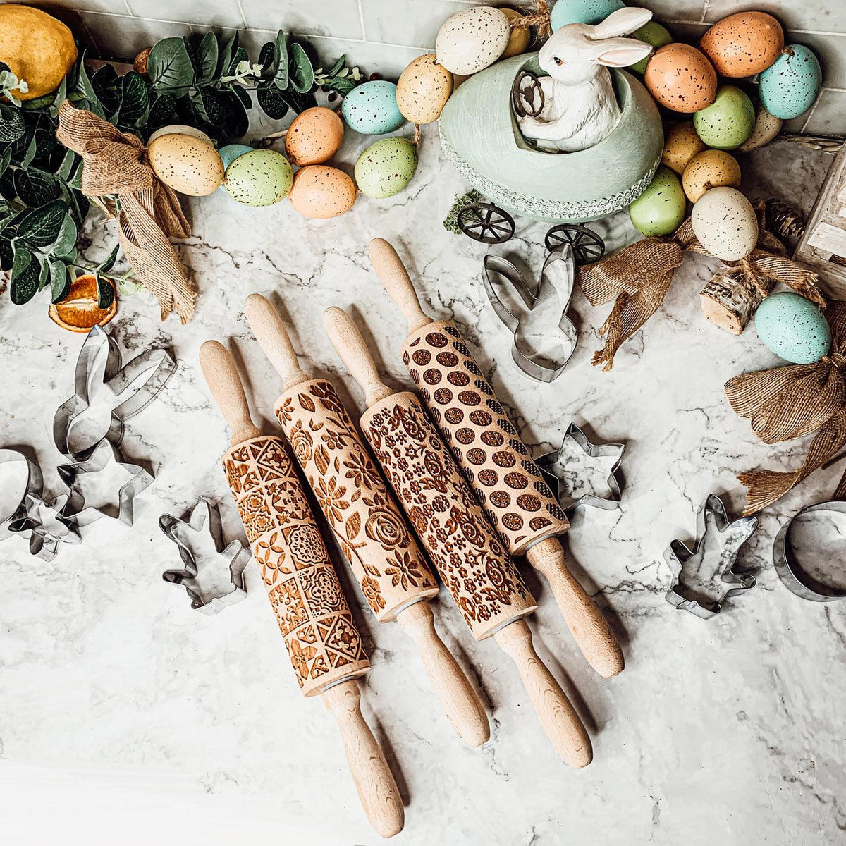 Easter + Spring Wooden Embossed Rolling Pin & Cookie Cutter Set  — Select Your Style & Size